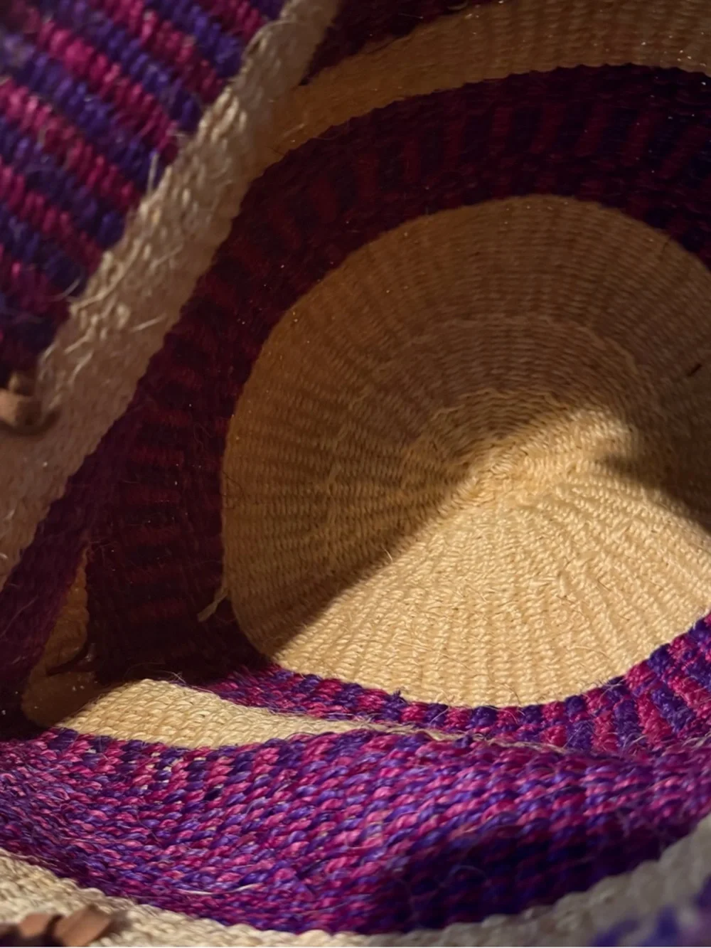 Woven Straw Tote Bag in Purple & Cream with Leather Straps Made in Kenya - Picture 9 of 9